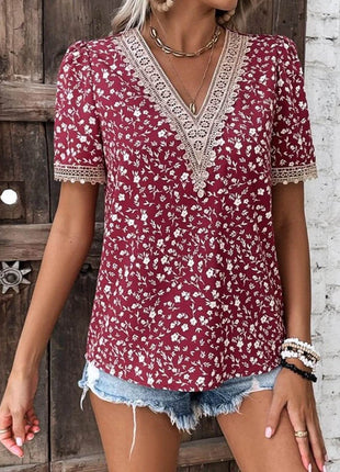 Full Size Printed V-Neck Short Sleeve Blouse - MimiStylez