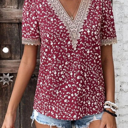 Full Size Printed V-Neck Short Sleeve Blouse - MimiStylez