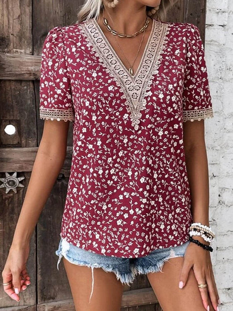Full Size Printed V-Neck Short Sleeve Blouse - MimiStylez