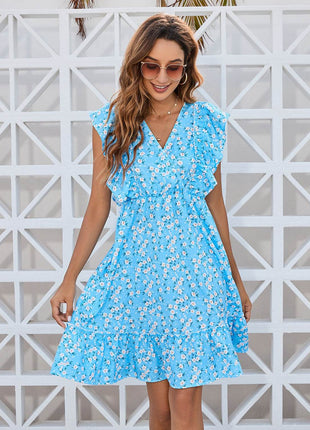 Ruffled Ditsy Floral Surplice Mini Dress - MimiStylez