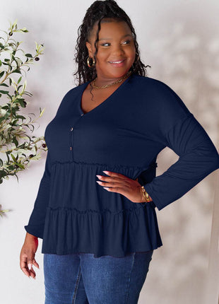Double Take Half Button Long Sleeve Ruffle Hem Blouse - MimiStylez