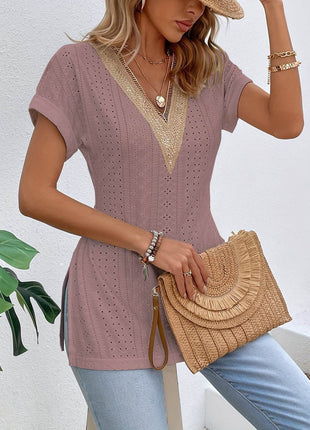 Slit Eyelet V-Neck Short Sleeve Blouse - MimiStylez