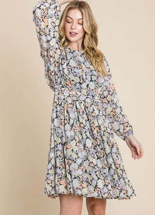 Lime 'N' Chili Chiffon Floral Print Belted Dress with Back Zipper - MimiStylez