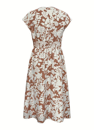 Printed V-Neck Cap Sleeve Midi Dress - MimiStylez