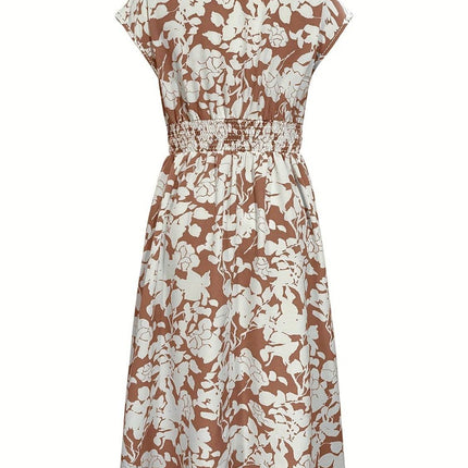 Printed V-Neck Cap Sleeve Midi Dress - MimiStylez