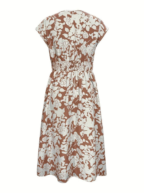 Printed V-Neck Cap Sleeve Midi Dress - MimiStylez