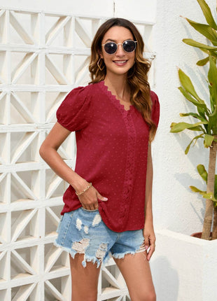 Swiss Dot Lace Detail V-Neck Blouse - MimiStylez