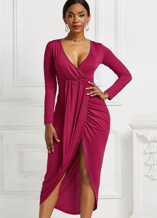 High-low Ruched Surplice Long Sleeve Dress - MimiStylez