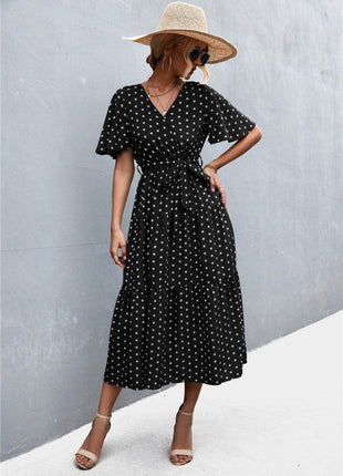 Printed V-Neck Flutter Sleeve Belted Dress - MimiStylez