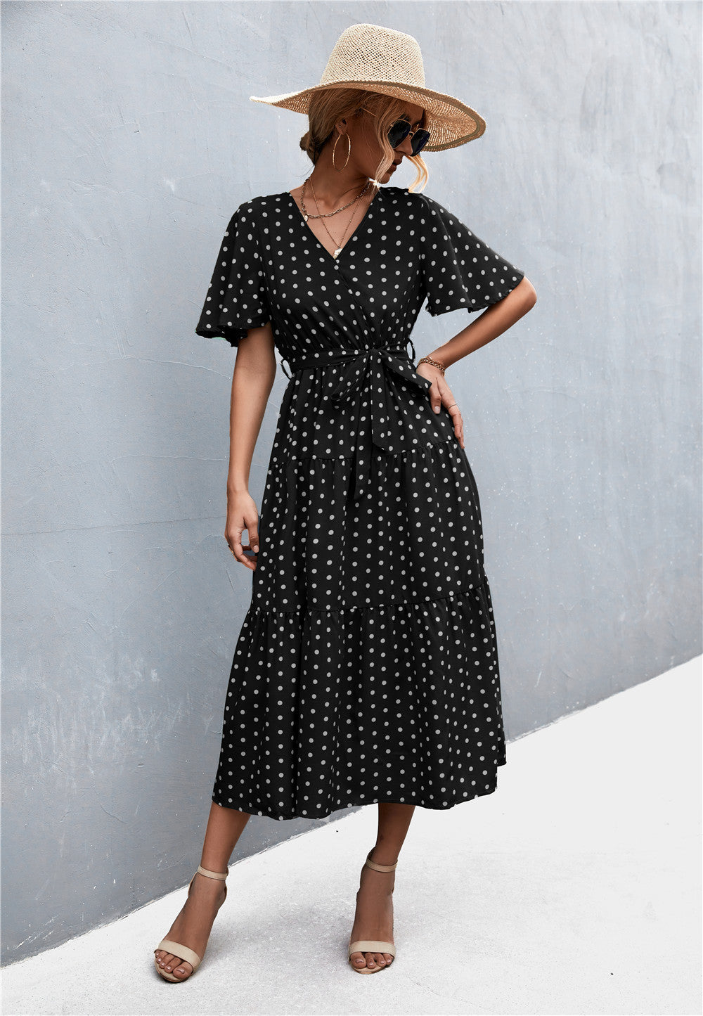 Printed V-Neck Flutter Sleeve Belted Dress