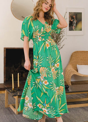 ODDI Full Size Floral Smocked Tied Back Maxi Dress - MimiStylez