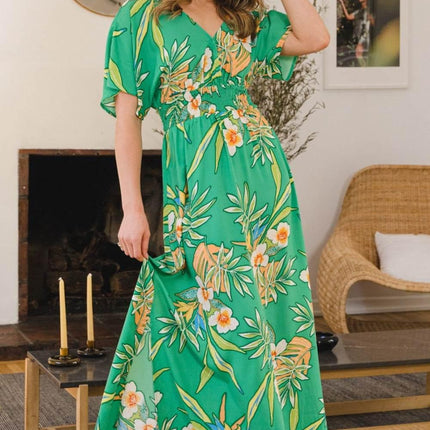ODDI Full Size Floral Smocked Tied Back Maxi Dress - MimiStylez