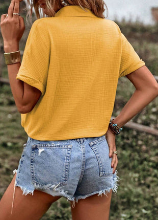 Drawstring Button Up Short Sleeve Blouse - MimiStylez