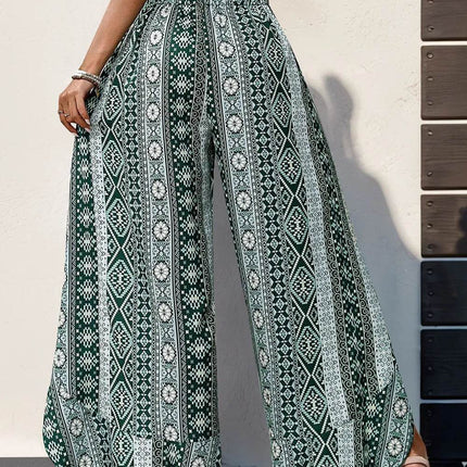 Perfee Slit Ruffled Geometric Wide Leg Pants - MimiStylez