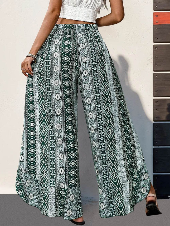 Perfee Slit Ruffled Geometric Wide Leg Pants - MimiStylez
