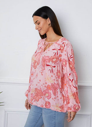 Floral Smocked Tassel Tie Balloon Sleeve Blouse - MimiStylez