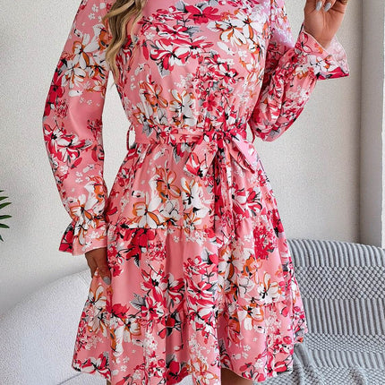 Printed Mock Neck Flounce Sleeve Mini Dress - MimiStylez