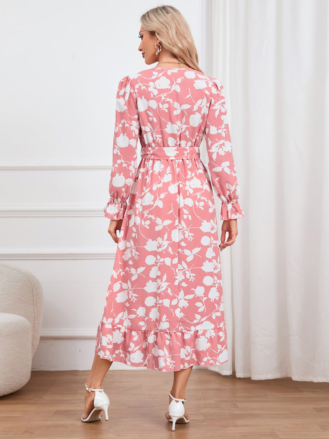 Floral Surplice Flounce Sleeve Ruffle Hem Dress