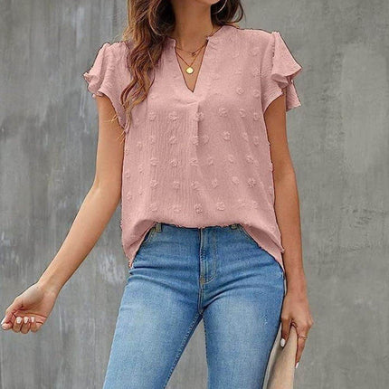 Swiss Dot Notched Cap Sleeve Blouse - MimiStylez