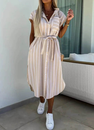 Striped Tie Waist Short Sleeve Dress - MimiStylez