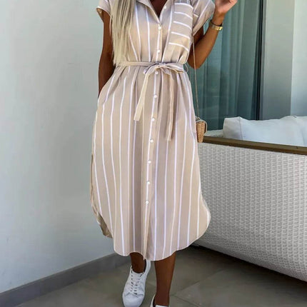 Striped Tie Waist Short Sleeve Dress - MimiStylez