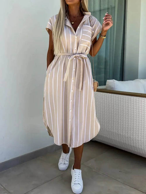 Striped Tie Waist Short Sleeve Dress - MimiStylez