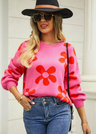Floral Print Round Neck Dropped Shoulder Pullover Sweater - MimiStylez