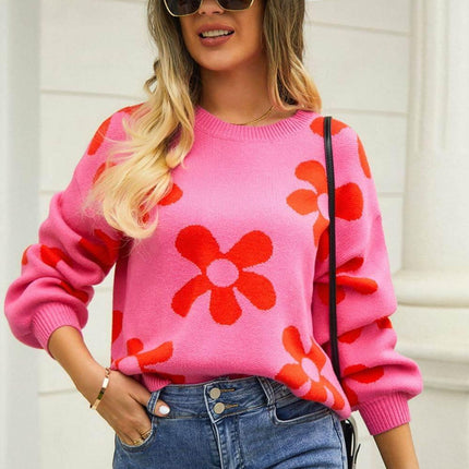 Floral Print Round Neck Dropped Shoulder Pullover Sweater - MimiStylez