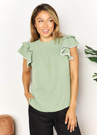 Pleated Detail Flutter Sleeve Blouse - MimiStylez