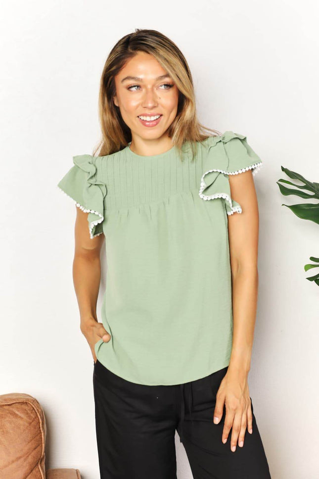 Pleated Detail Flutter Sleeve Blouse - MimiStylez