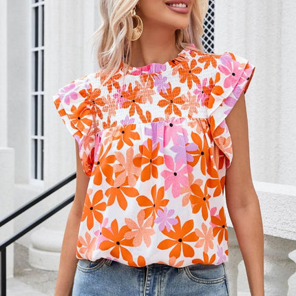 Printed Round Neck Cap Sleeve Blouse - MimiStylez