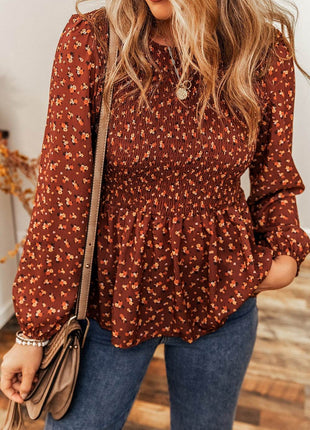 Floral Smocked Ruffle Hem Long Sleeve Blouse - MimiStylez