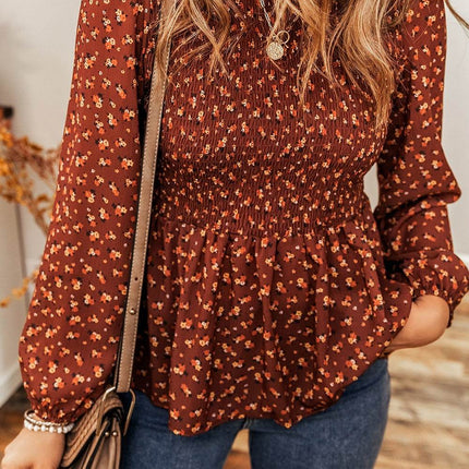 Floral Smocked Ruffle Hem Long Sleeve Blouse - MimiStylez