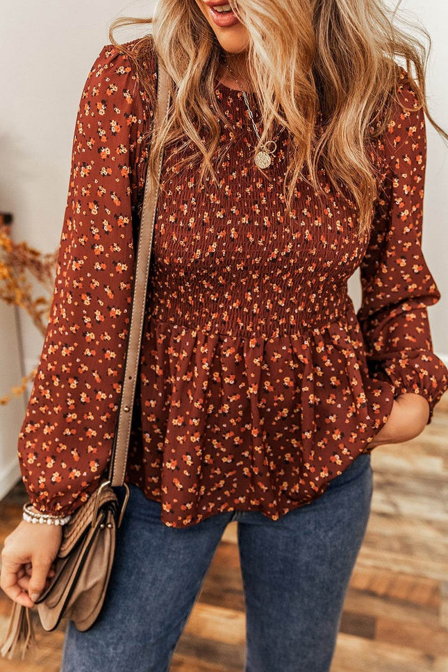 Floral Smocked Ruffle Hem Long Sleeve Blouse - MimiStylez