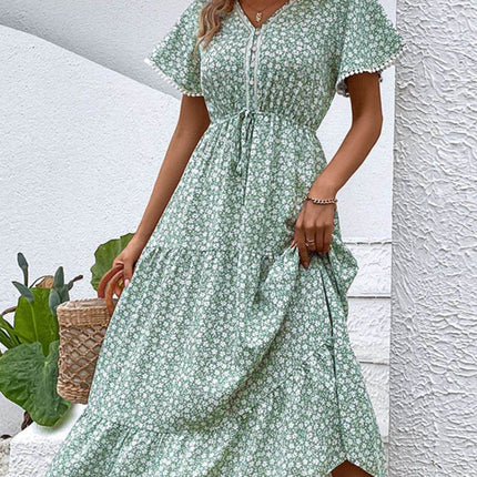 Ditsy Floral V-Neck Tiered Dress - MimiStylez