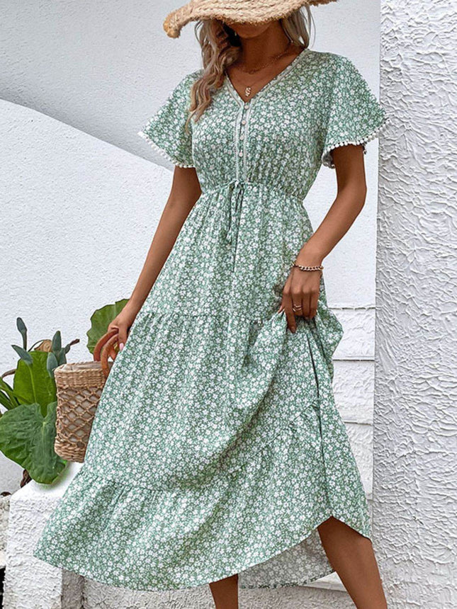 Ditsy Floral V-Neck Tiered Dress - MimiStylez