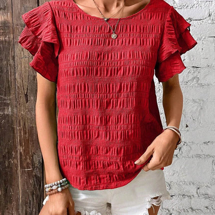 Round Neck Flounce Sleeve Blouse - MimiStylez