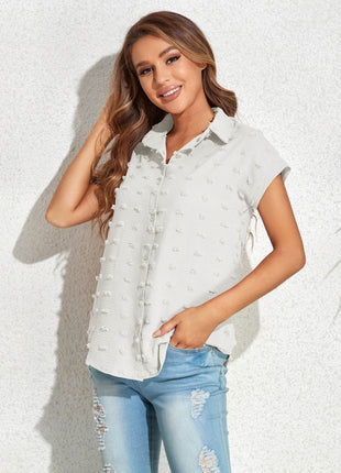 Swiss Dot Button Up Cap Sleeve Shirt - MimiStylez