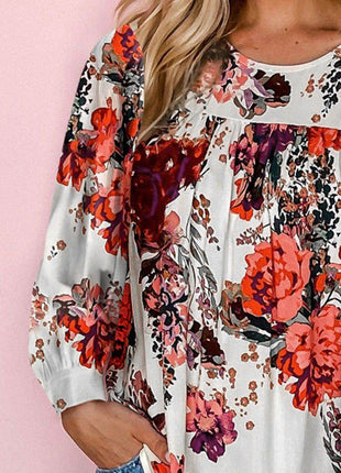 Floral Print Round Neck Long Sleeve Blouse - MimiStylez
