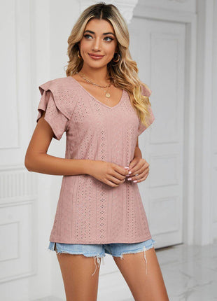 Eyelet Layered Flutter Sleeve V-Neck Knit Top - MimiStylez