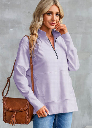 Half Zip Pocketed Dropped Shoulder Sweatshirt - MimiStylez