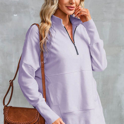 Half Zip Pocketed Dropped Shoulder Sweatshirt - MimiStylez