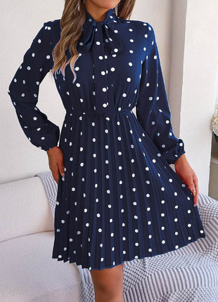 Polka Dot Tie Neck Pleated Dress - MimiStylez