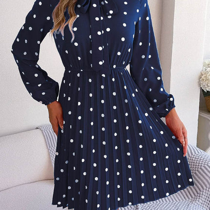 Polka Dot Tie Neck Pleated Dress - MimiStylez