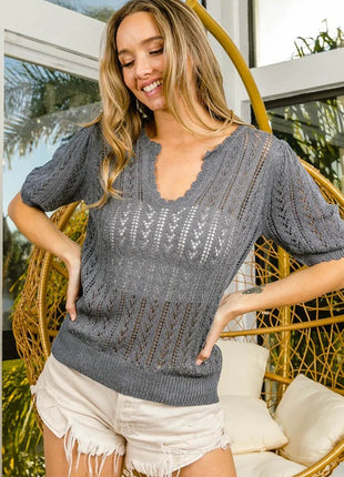 BiBi Eyelet Puff Sleeve Knit Top - MimiStylez