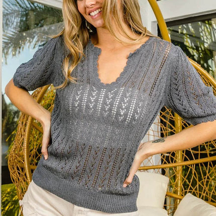 BiBi Eyelet Puff Sleeve Knit Top - MimiStylez