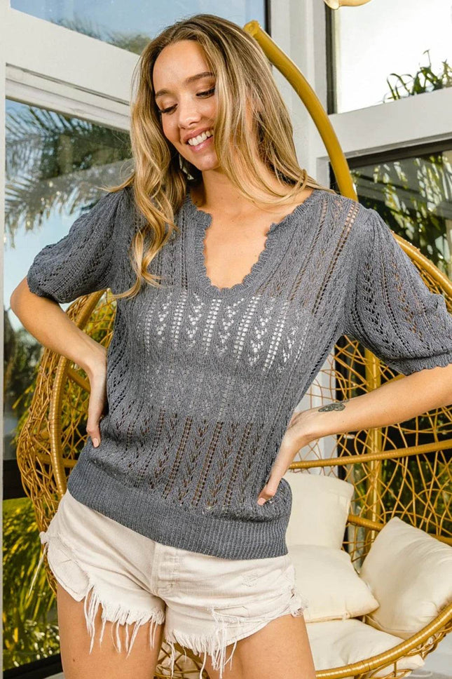 BiBi Eyelet Puff Sleeve Knit Top - MimiStylez