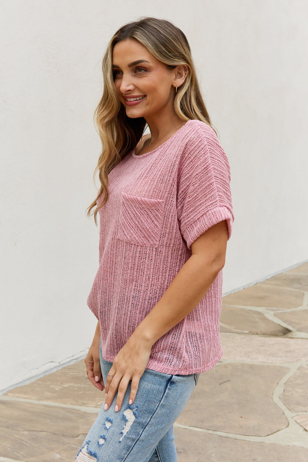 Full Size Chunky Knit Short Sleeve Top in Mauve