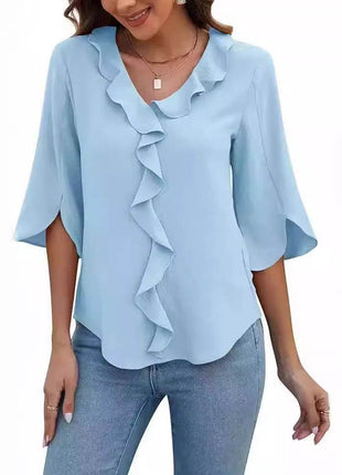 Loose V-neck Flounce Shirt - MimiStylez