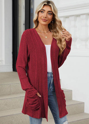 Pocketed Open Front Long Sleeve Cardigan - MimiStylez